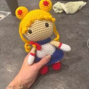 Handmade Yellow Sailor Girl Crochet Doll with Blue Skirt and Red Accents